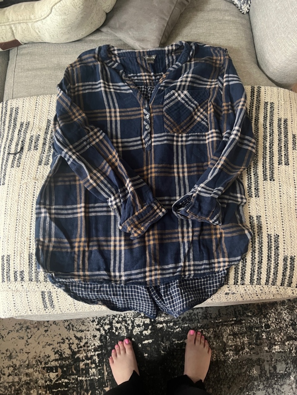 Eddie Bauer Navy Plaid Long-Sleeve Henley Top